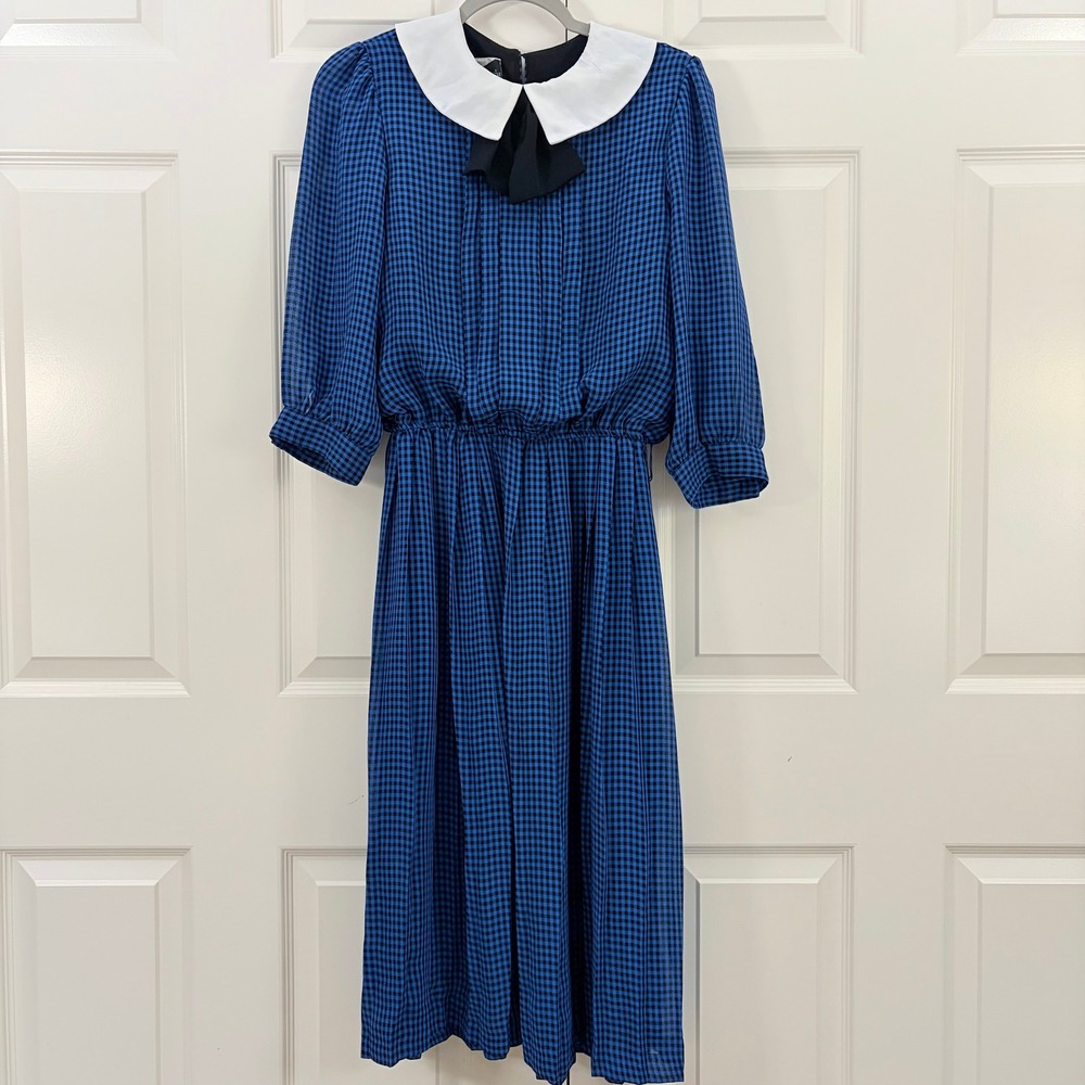 Sunshine Starshine Vintage 80s Blue Gingham Peter Pan Collar Dress Women Size 8